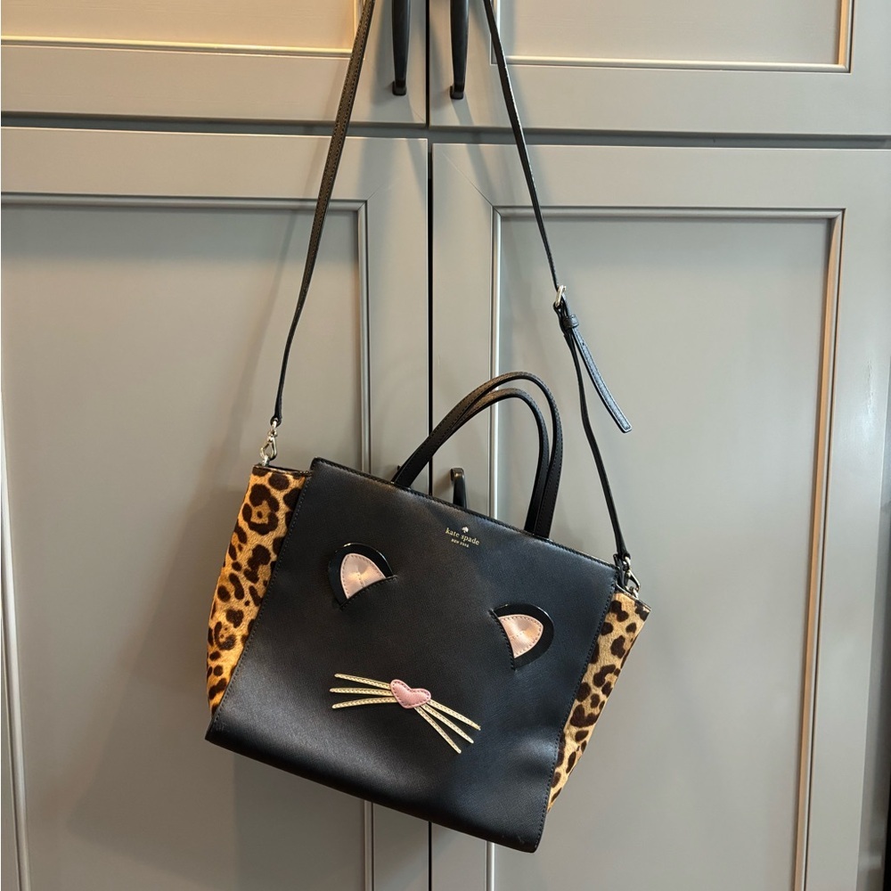 Kate Spade Black Leopard-Accent Cat Appliqué Tote with Dust Bag - Picture 2 of 15